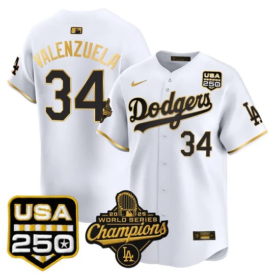 Men's Los Angeles Dodgers #34 Fernando Valenzuela White Gold 2025 World Series Champions & 250America Patch Limited Stitched Jersey