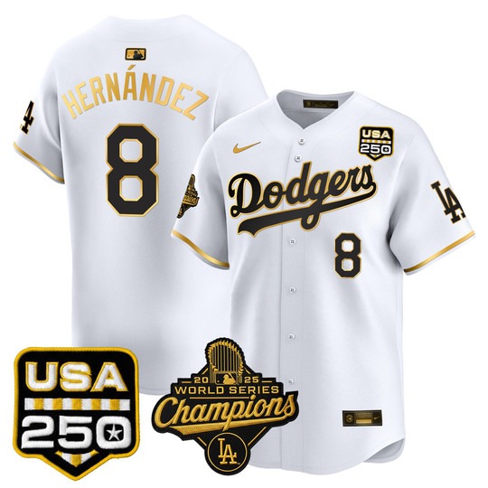 Men's Los Angeles Dodgers #8 Kike Hernandez White Gold 2025 World Series Champions & 250America Patch Limited Stitched Jersey