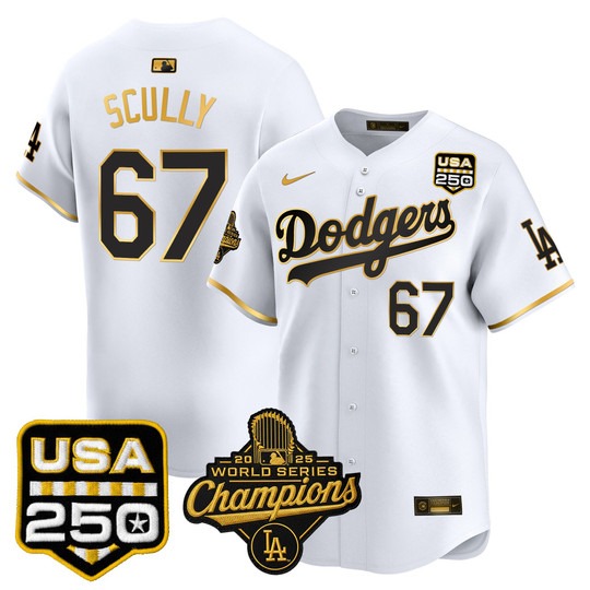 Men's Los Angeles Dodgers #67 Vin Scully White Gold 2025 World Series Champions & 250America Patch Limited Stitched Jersey