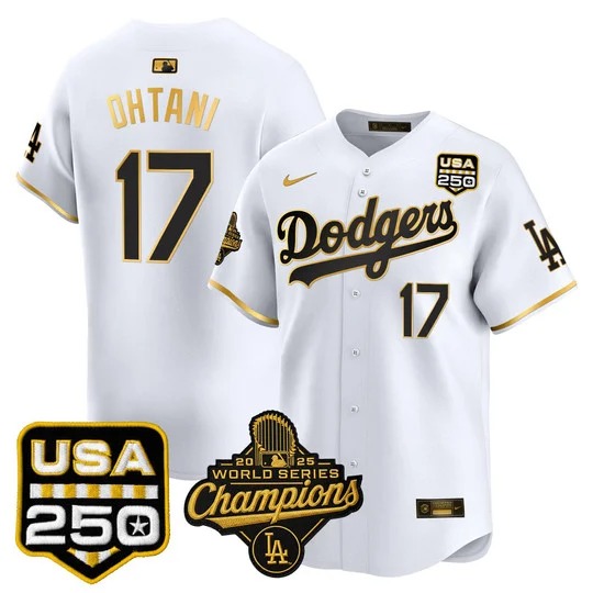 Men's Los Angeles Dodgers #17 Shohei Ohtani White Gold 2025 World Series Champions & 250America Patch Limited Stitched Jersey
