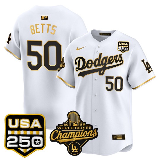Men's Los Angeles Dodgers #50 Mookie Betts White Gold 2025 World Series Champions & 250America Patch Limited Stitched Jersey