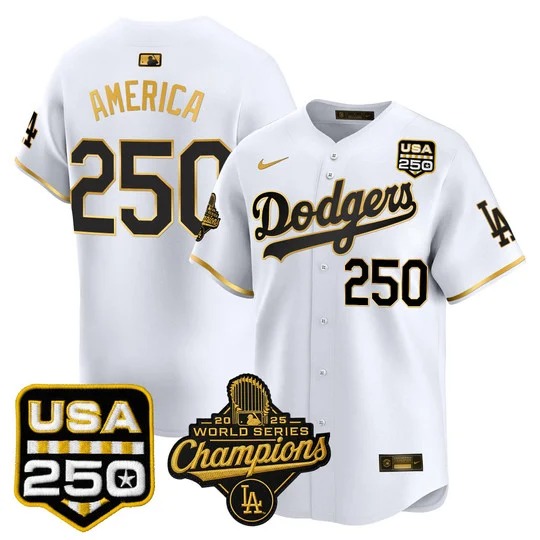 Men's Los Angeles Dodgers #250 America White Gold 2025 World Series Champions & 250America Patch Limited Stitched Jersey