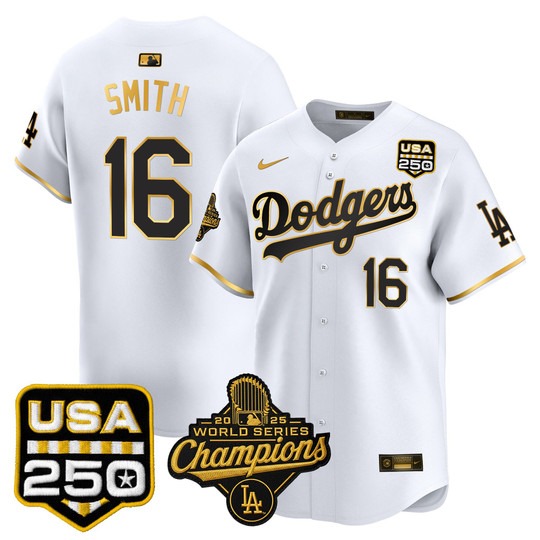 Men's Los Angeles Dodgers #16 Will Smith White Gold 2025 World Series Champions & 250America Patch Limited Stitched Jersey