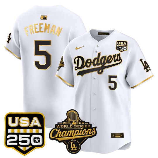 Men's Los Angeles Dodgers #5 Freddie Freeman White Gold 2025 World Series Champions & 250America Patch Limited Stitched Jersey