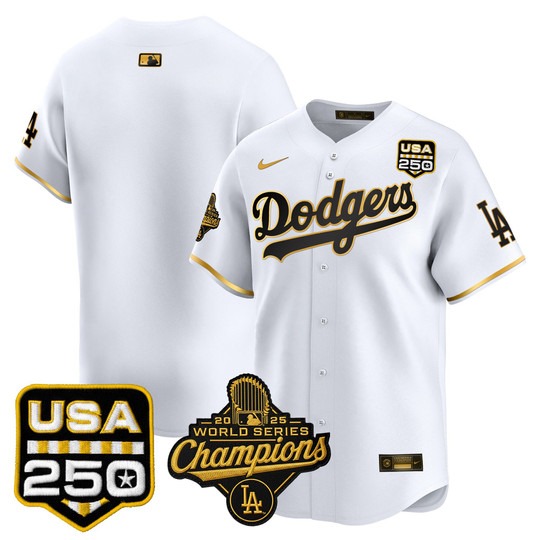 Men's Los Angeles Dodgers Blank White Gold 2025 World Series Champions & 250America Patch Limited Stitched Jersey