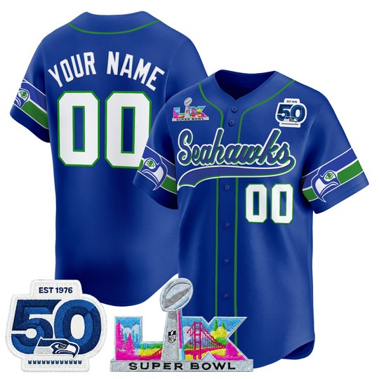 Men's Seattle Seahawks Custom Royal Super Bowl LX & 50th Anniversary Patch Vapor Baseball Stitched Nike Jersey