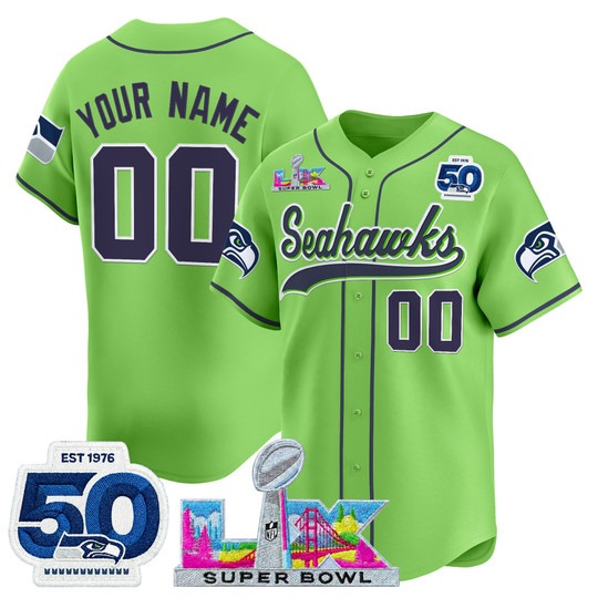 Men's Seattle Seahawks Custom Green Super Bowl LX & 50th Anniversary Patch Vapor Baseball Stitched Nike Jersey