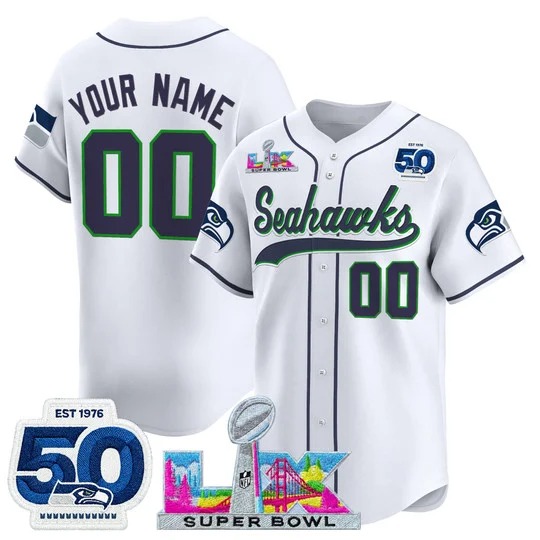Men's Seattle Seahawks Custom White Super Bowl LX & 50th Anniversary Patch Vapor Baseball Stitched Nike Jersey