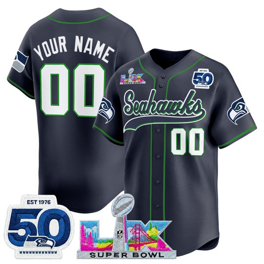 Men's Seattle Seahawks Custom Navy Super Bowl LX & 50th Anniversary Patch Vapor Baseball Stitched Nike Jersey
