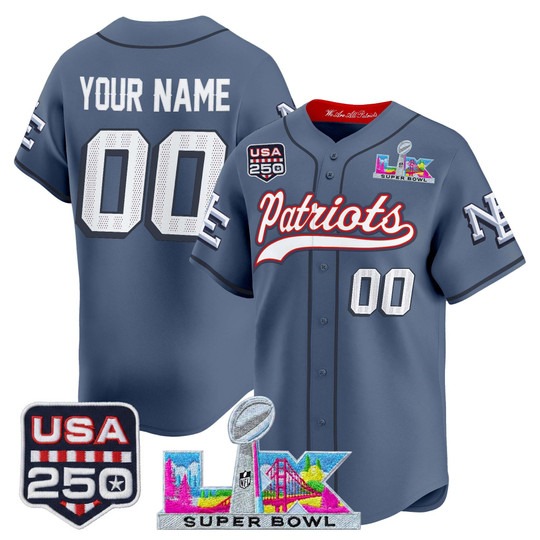 Men's New England Patriots Custom Storm Blue Super Bowl LX & United States 250th Anniversary Patch Vapor Baseball Stitched Nike Jersey