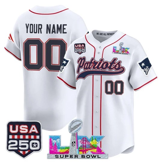 Men's New England Patriots Custom White Super Bowl LX & United States 250th Anniversary Patch Vapor Baseball Stitched Nike Jersey
