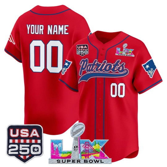 Men's New England Patriots Custom Red Super Bowl LX & United States 250th Anniversary Patch Vapor Baseball Stitched Nike Jersey