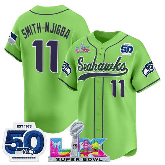 Men's Seattle Seahawks #11 Jaxon Smith Njigba Green Super Bowl LX & 50th Patch Nike Stitched Baseball Jersey