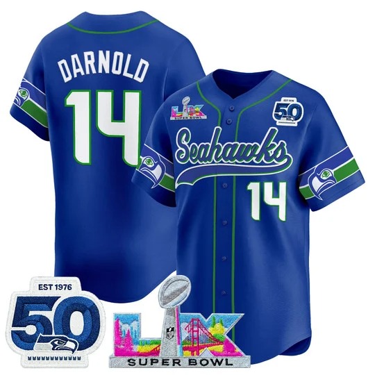 Men's Seattle Seahawks #14 Sam Darnold Royal Super Bowl LX & 50th Patch Nike Stitched Baseball Jersey