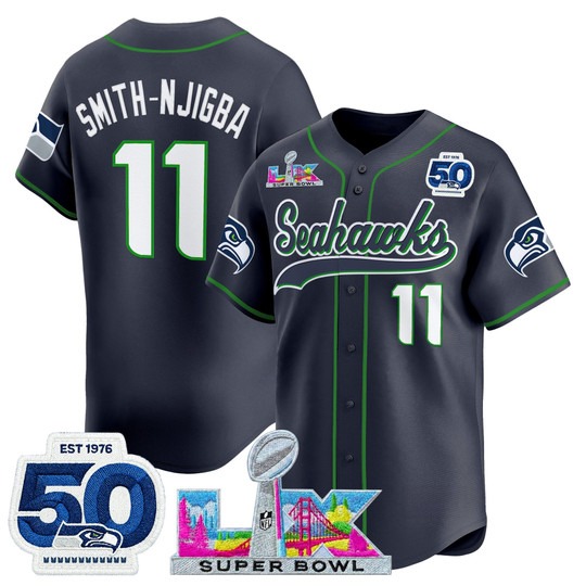 Men's Seattle Seahawks #11 Jaxon Smith Njigba Navy Super Bowl LX & 50th Patch Nike Stitched Baseball Jersey