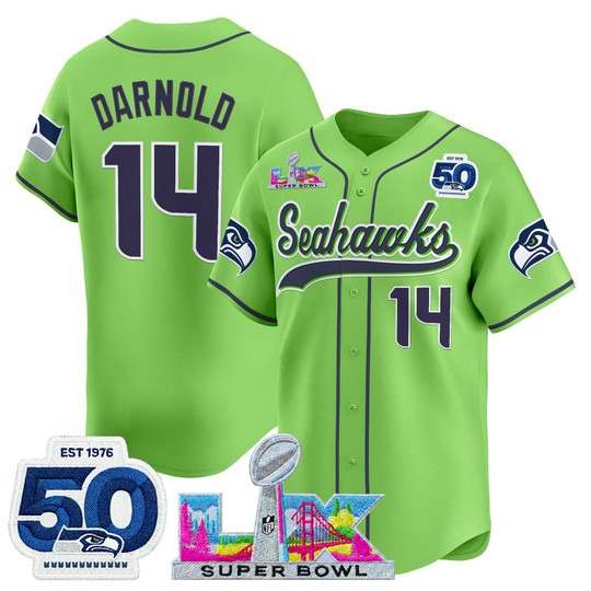 Men's Seattle Seahawks #14 Sam Darnold Green Super Bowl LX & 50th Patch Nike Stitched Baseball Jersey