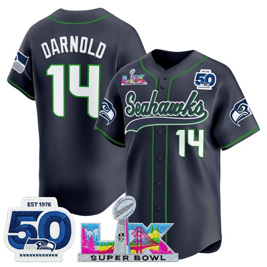 Men's Seattle Seahawks #14 Sam Darnold Navy Super Bowl LX & 50th Patch Nike Stitched Baseball Jersey