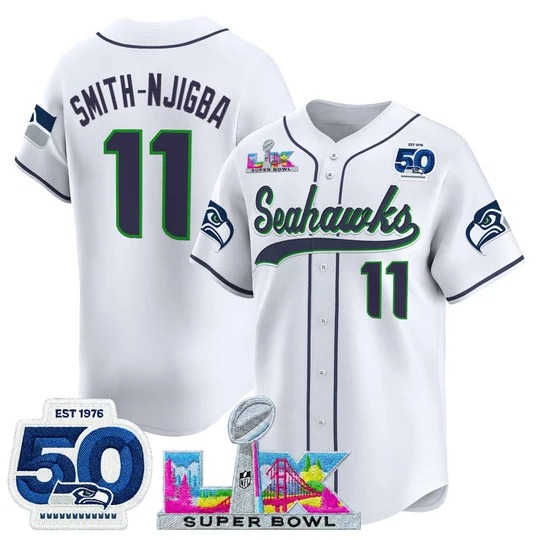 Men's Seattle Seahawks #11 Jaxon Smith Njigba White Super Bowl LX & 50th Patch Nike Stitched Baseball Jersey