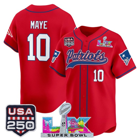 Men's New England Patriots #10 Drake Maye Red Super Bowl LX & USA 250th Patch Nike Stitched Baseball Jersey