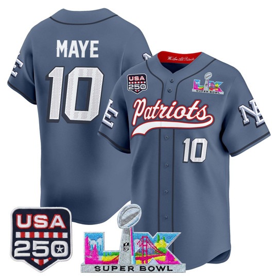 Men's New England Patriots #10 Drake Maye Storm Blue Super Bowl LX & USA 250th Patch Nike Stitched Baseball Jersey
