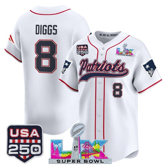 Men's New England Patriots #8 Stefon Diggs White Super Bowl LX & USA 250th Patch Nike Stitched Baseball Jersey