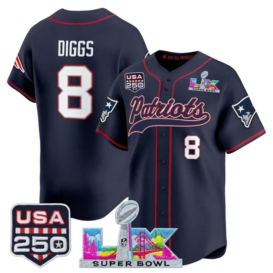 Men's New England Patriots #8 Stefon Diggs Navy Super Bowl LX & USA 250th Patch Nike Stitched Baseball Jersey