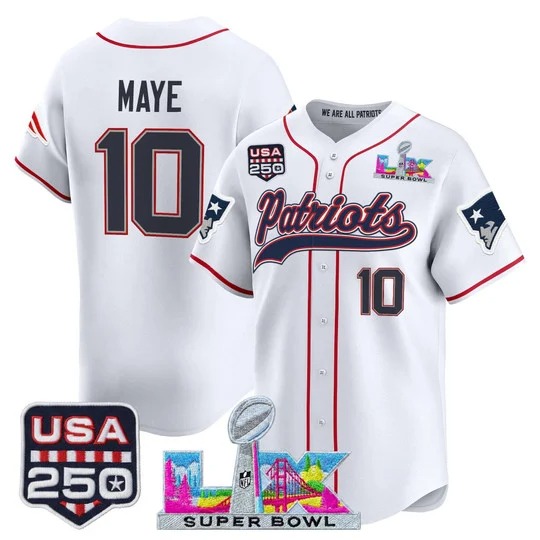 Men's New England Patriots #10 Drake Maye White Super Bowl LX & USA 250th Patch Nike Stitched Baseball Jersey