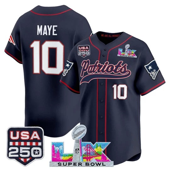 Men's New England Patriots #10 Drake Maye Navy Super Bowl LX & USA 250th Patch Nike Stitched Baseball Jersey