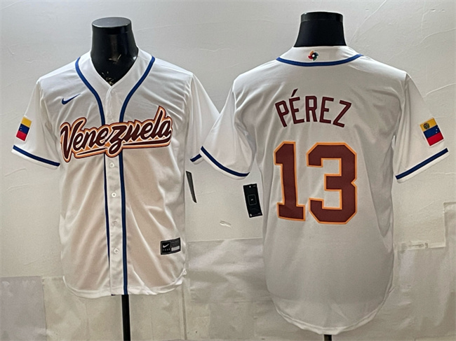 Men's Venezuela Baseball #13 Salvador Perez White 2026 World Baseball Classic Home Stadium Stitched Jersey