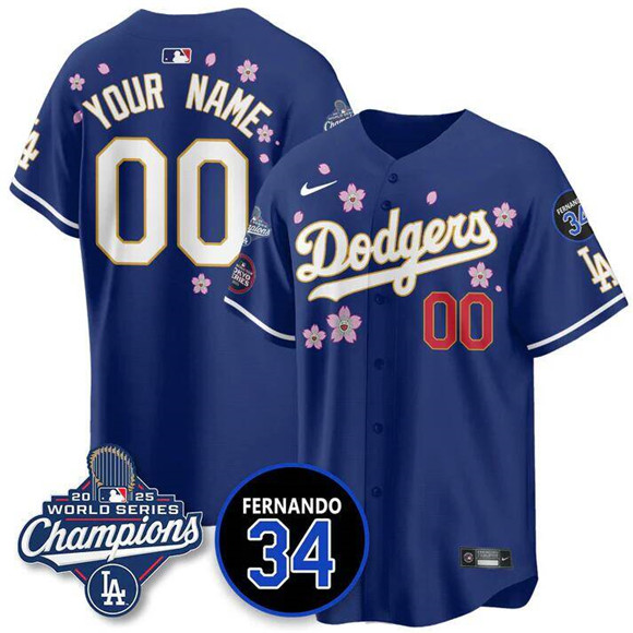 Men's Los Angeles Dodgers ACTIVE PLAYER Custom Royal Tokyo 2025 World Series Champions With No. 34 Patch Vapor Limited Stitched Baseball Jersey