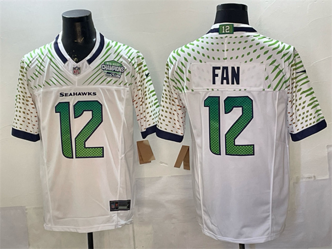 Men's Seattle Seahawks #12 Fan White 2025 F.U.S.E. “Rivalries” NFC West Champions Patch Vapor Untouchable Limited Stitched Football Jersey