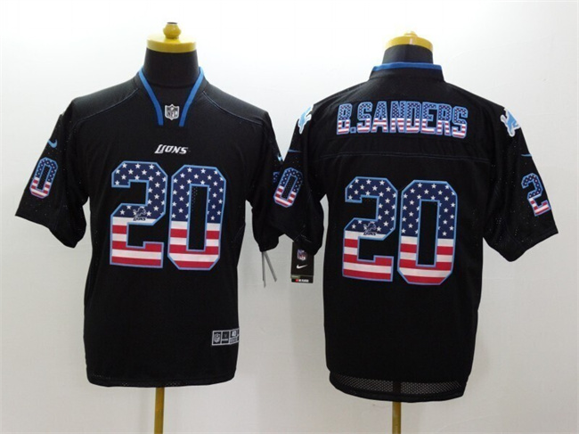 Men's Detroit Lions #20 Barry Sanders Black 2018 USA Flag Color Rush Limited Fashion Stitched Jersey
