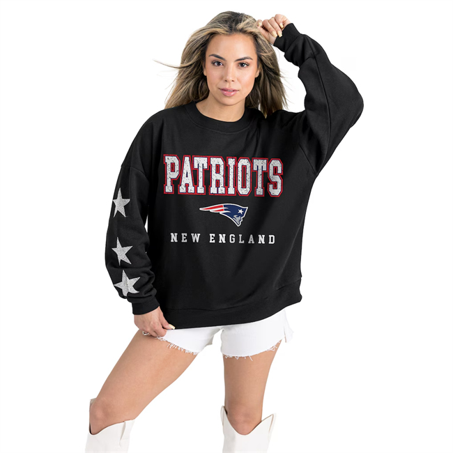Women's New England Patriots Gameday Couture Black Velocity Relaxed Rhinestone Pullover Sweatshirt(Run Small)
