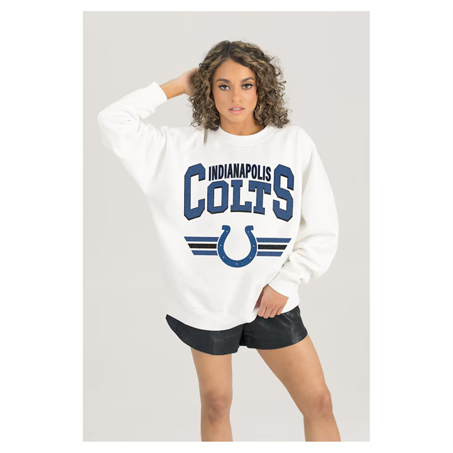 Women's Indianapolis Colts Gameday Couture White Sunday Drives Oversized Crewneck Pullover Sweatshirt(Run Small)