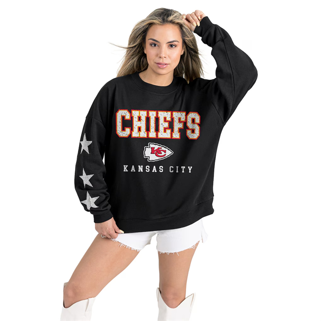 Women's Kansas City Chiefs Gameday Couture Black Velocity Relaxed Rhinestone Pullover Sweatshirt(Run Small)