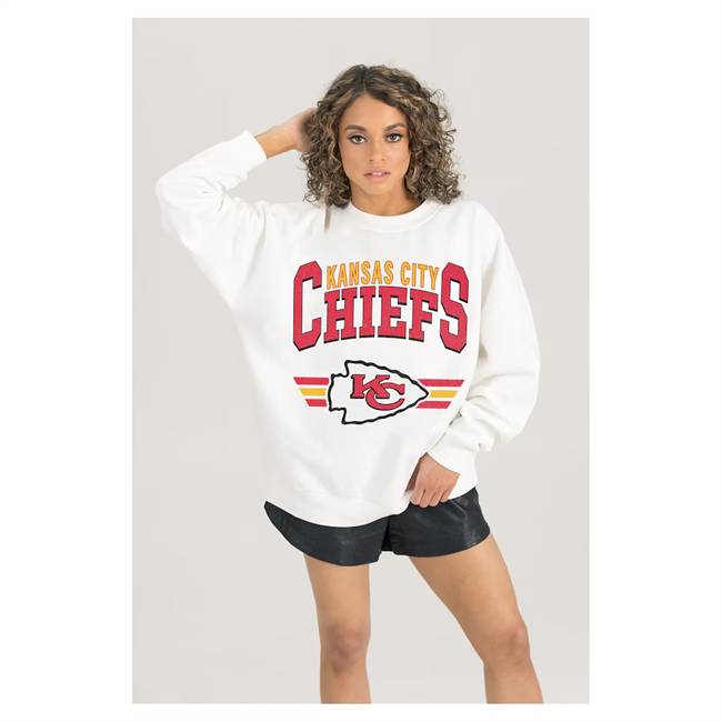 Women's Kansas City Chiefs Gameday Couture White Sunday Drives Oversized Crewneck Pullover Sweatshirt(Run Small)