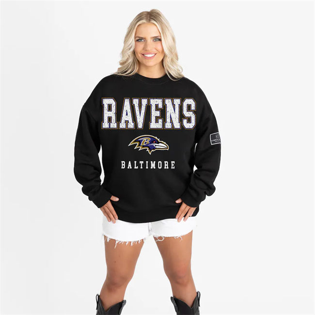Women's Baltimore Ravens Gameday Couture Black Oversized Level Up Black Label Premium Fleece Sweatshirt(Run Small)