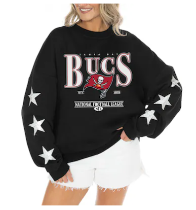 Women's Tampa Bay Buccaneers Gameday Couture Black Rhinestone Star Sleeve Settle the Score Oversized Tri-Blend Pullover
