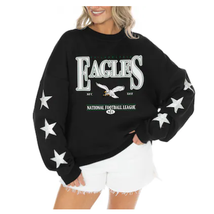 Women's Philadelphia Eagles Gameday Couture Black Rhinestone Star Sleeve Settle the Score Oversized Tri-Blend Pullover