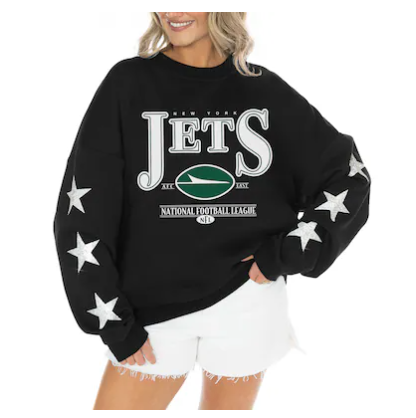 Women's New York Jets Gameday Couture Black Rhinestone Star Sleeve Settle the Score Oversized Tri-Blend Pullover