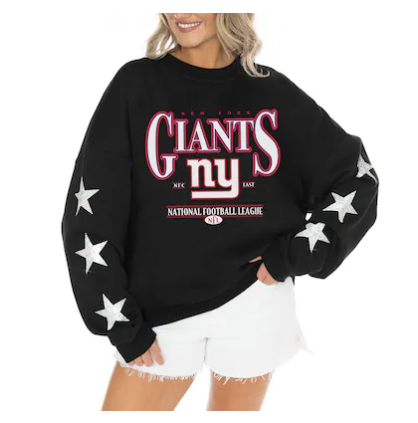 Women's New York Giants Gameday Couture Black Rhinestone Star Sleeve Settle the Score Oversized Tri-Blend Pullover