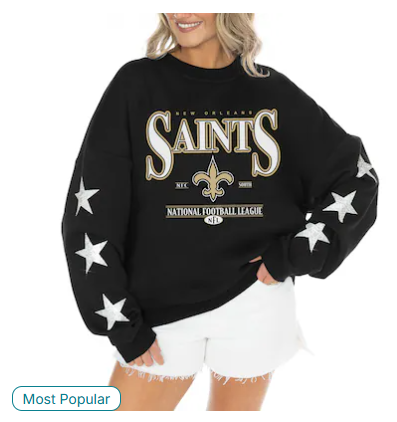 Women's New Orleans Saints Gameday Couture Black Rhinestone Star Sleeve Settle the Score Oversized Tri-Blend Pullover