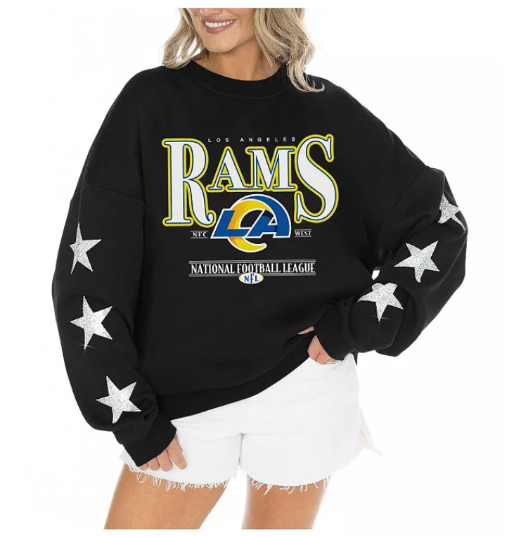 Women's Los Angeles Rams Gameday Couture Black Rhinestone Star Sleeve Settle the Score Oversized Tri-Blend Pullover