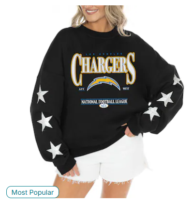 Women's Los Angeles Chargers Gameday Couture Black Rhinestone Star Sleeve Settle the Score Oversized Tri-Blend Pullover