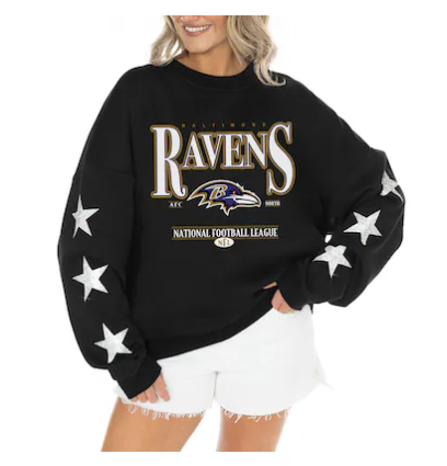 Women's Baltimore Ravens Gameday Couture Black Rhinestone Star Sleeve Settle the Score Oversized Tri-Blend Pullover