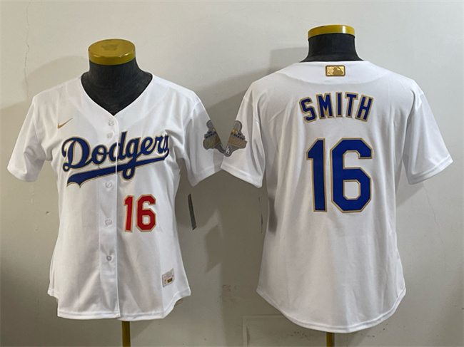 Women's Los Angeles Dodgers #16 Will Smith White 2026 Gold Collection Stadium Stitched Baseball Jersey(Run Small)