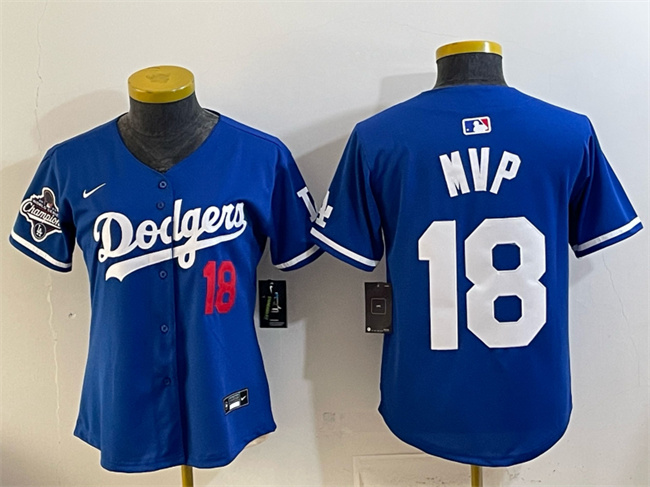 Women's Los Angeles Dodgers #18 MVP Royal 2025 World Series Champions Patch Limited Stitched Baseball Jersey(Run Small)
