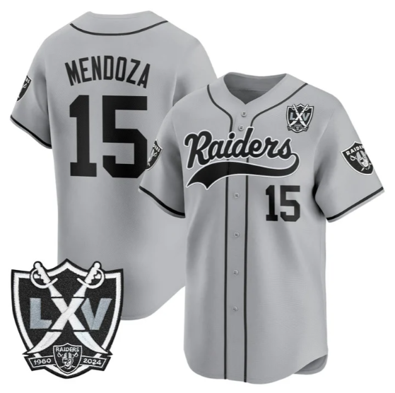 Men's Las Vegas Raiders #15 Fernando Mendoza Grey 65th Anniversary Patch Vapor Stitched Baseball Jersey
