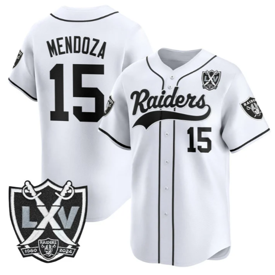 Men's Las Vegas Raiders #15 Fernando Mendoza White 65th Anniversary Patch Vapor Stitched Baseball Jersey