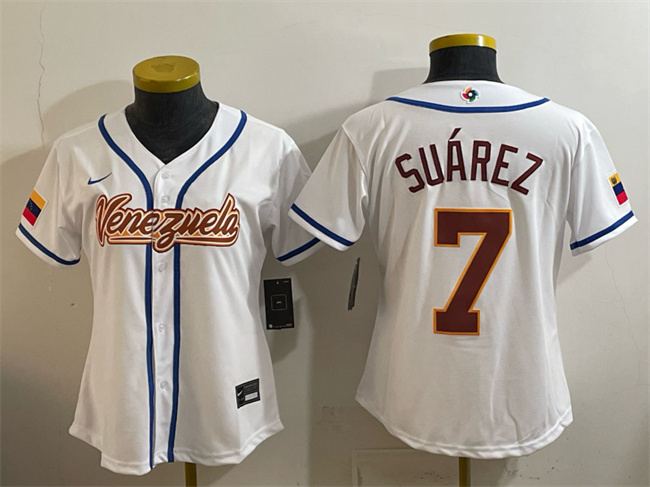 Youth Venezuela Baseball #7 Eugenio Suarez White 2026 World Baseball Classic Home Stadium Stitched Baseball Jersey